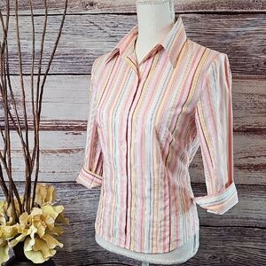 COMO PASTEL STRIPED 3/4 CUFFED SLEEVE BUTTON-UP BLOUSE TOP